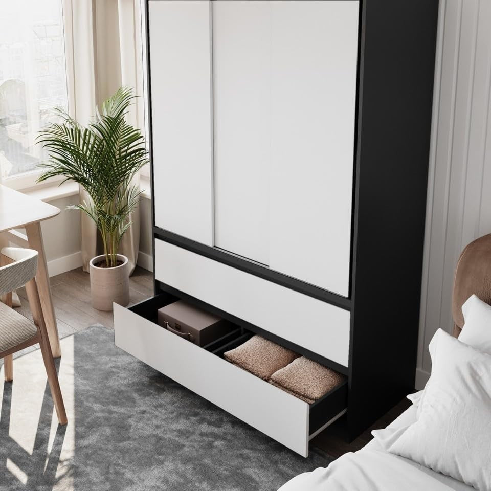 White Sliding Door Wardrobe with 4 Drawers & Hanging Rail – Space Saver