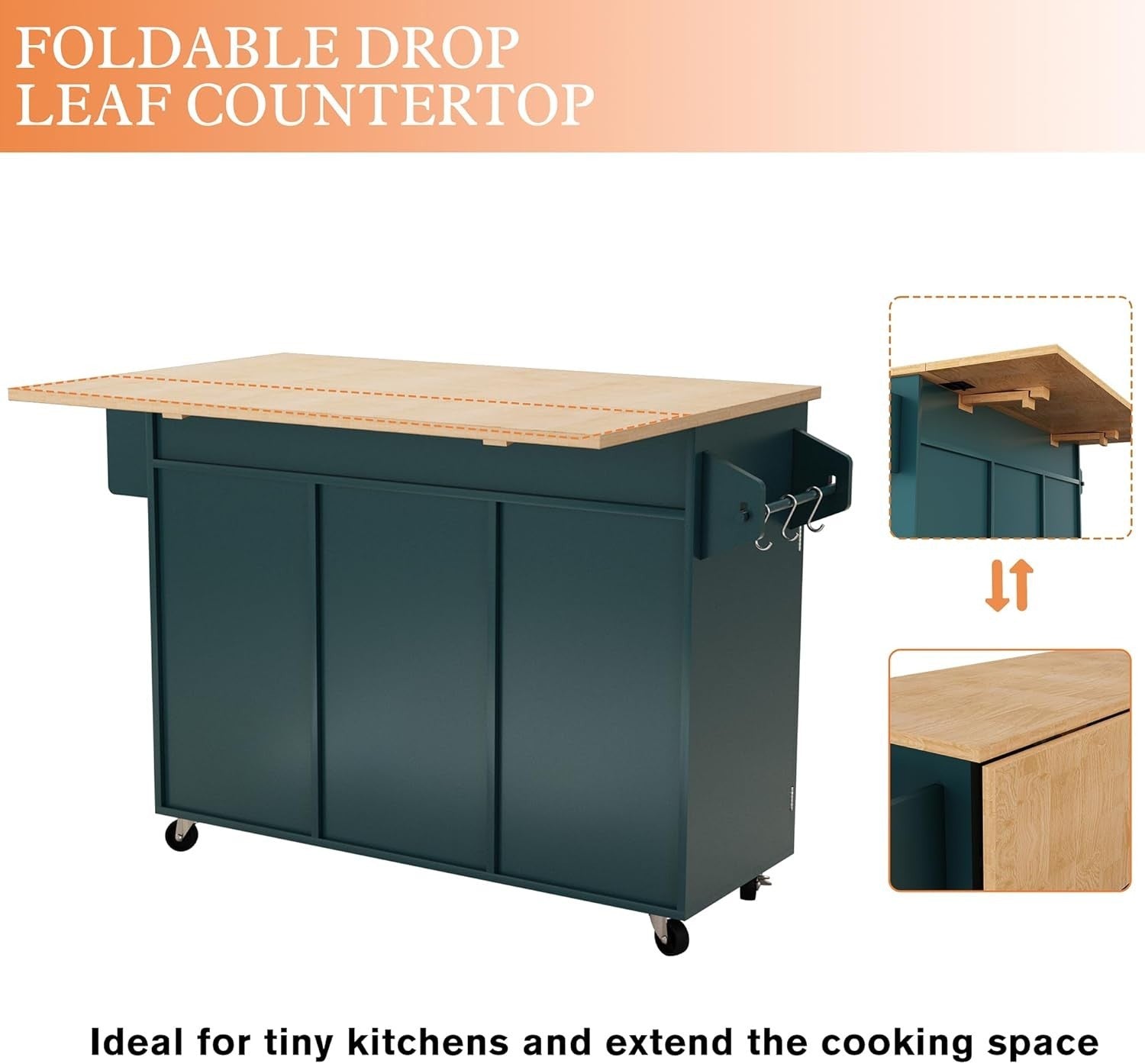 Kitchen Island Trolley with Drop Leaf Worktop, Storage & Wheels – Green