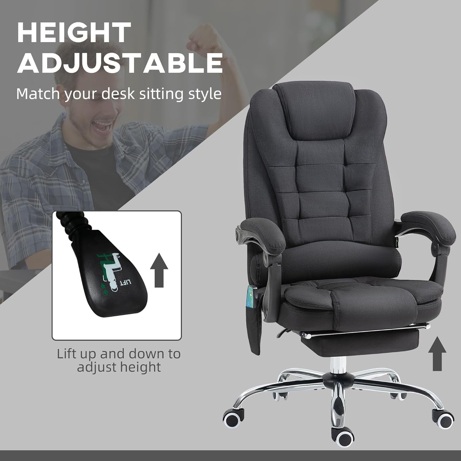 Reclining Massage Office Chair Heated Footrest High Back Linen Black Swivel Desk