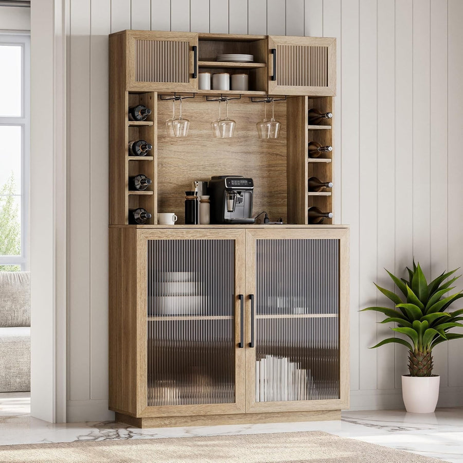 72" Rustic Wine Bar Cabinet with Power Outlet & Hutch | Glass Rack
