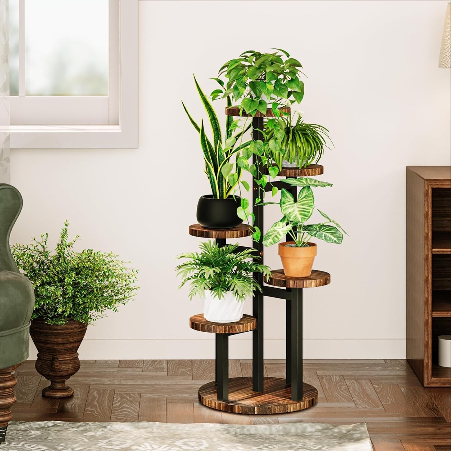 5-Tier Metal Wood Plant Stand, Corner Shelf for Indoor Outdoor Garden Decor
