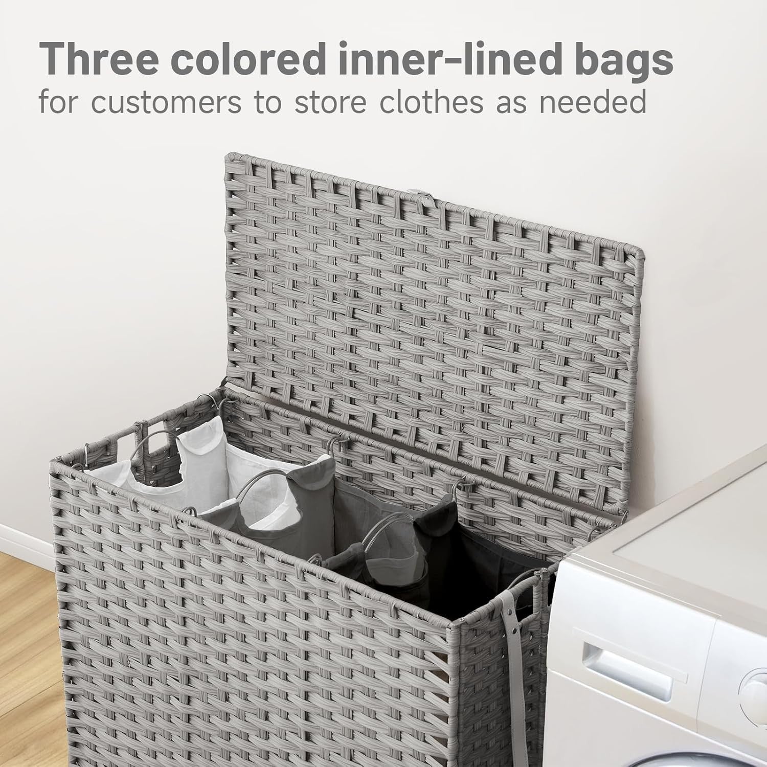 200L Rolling Wicker Laundry Hamper with Lid | 3 Removable Bags & Side Pocket | L