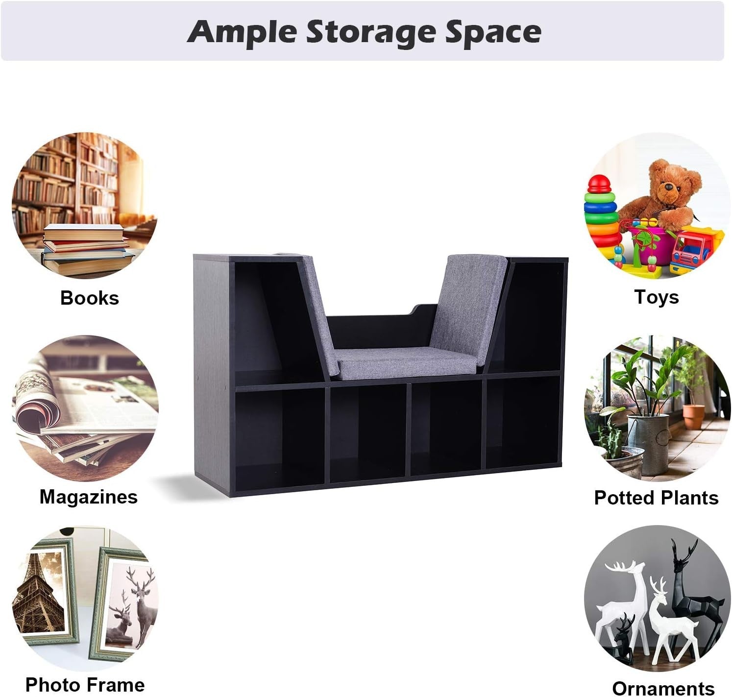 Bookcase with Cushioned Reading Seat 6 Cube Storage Bench Black