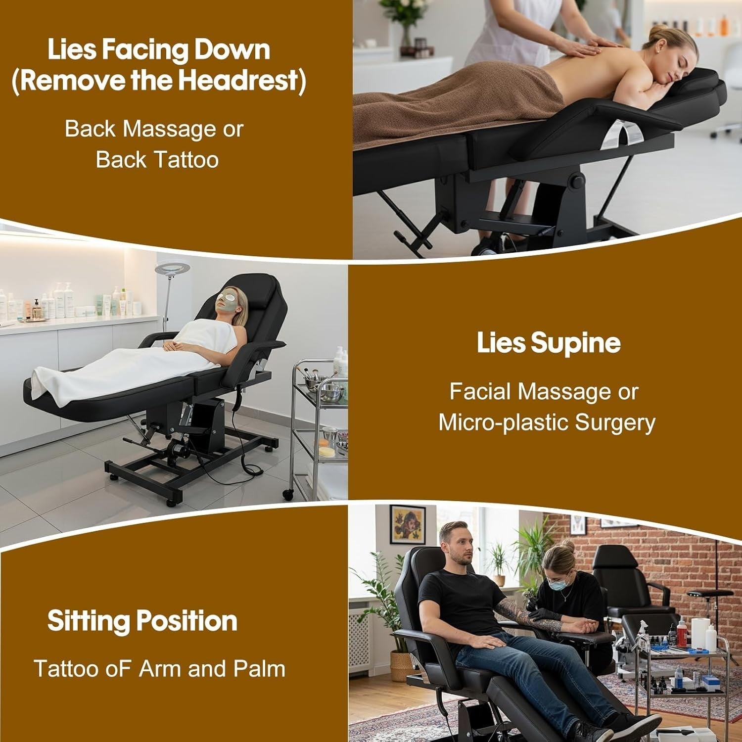 Electric Beauty Massage Bed Adjustable 3-Section Therapy Chair w/ Headrest Black