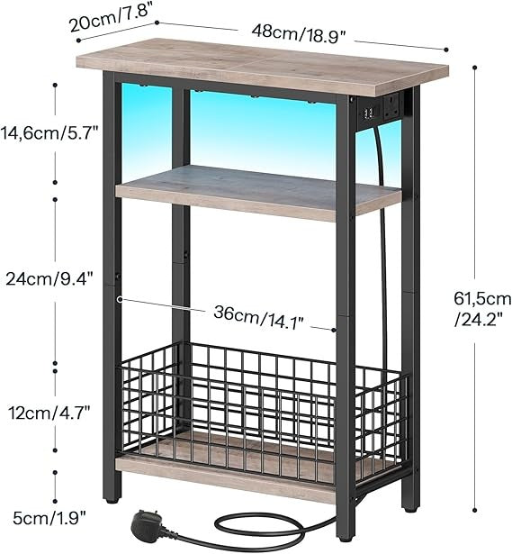 Slim LED Side Table with Charging Station, USB Port, Storage Shelf, Narrow Night