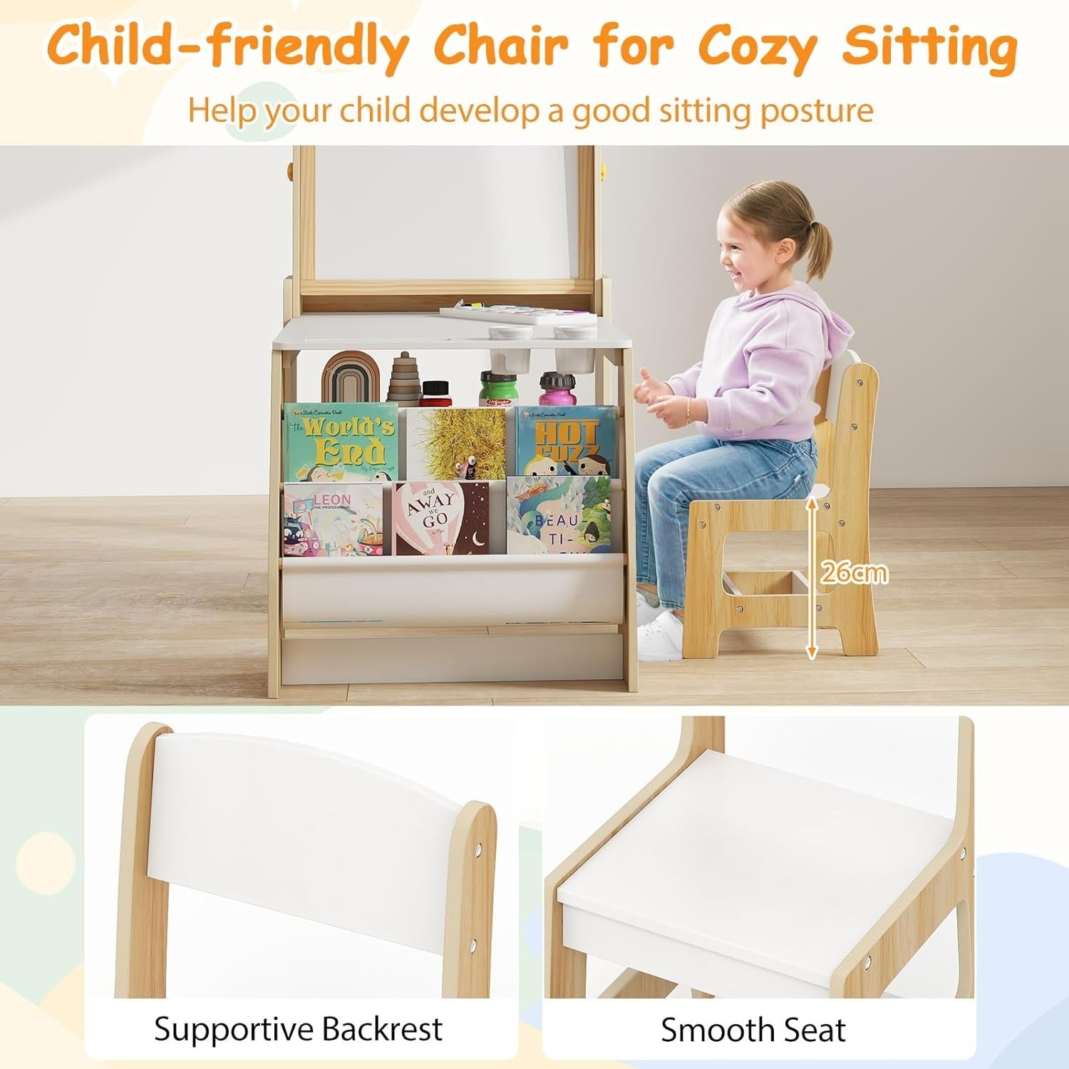 Kids Art Table & Chair Set with Double-Sided Easel, Paper Roll & Storage Shelves