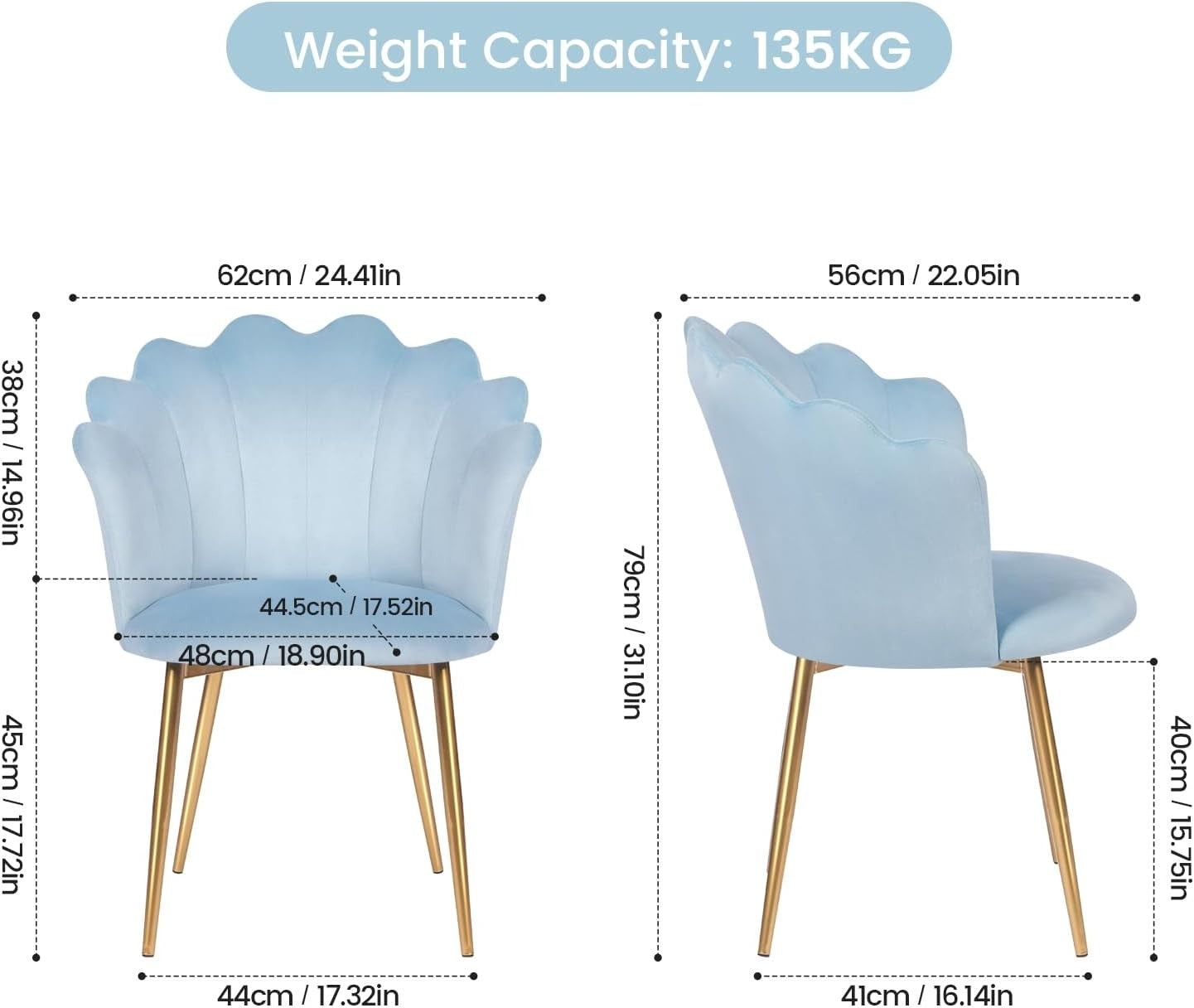 Velvet Vanity Chair Shell Back Gold Metal Legs Light Blue