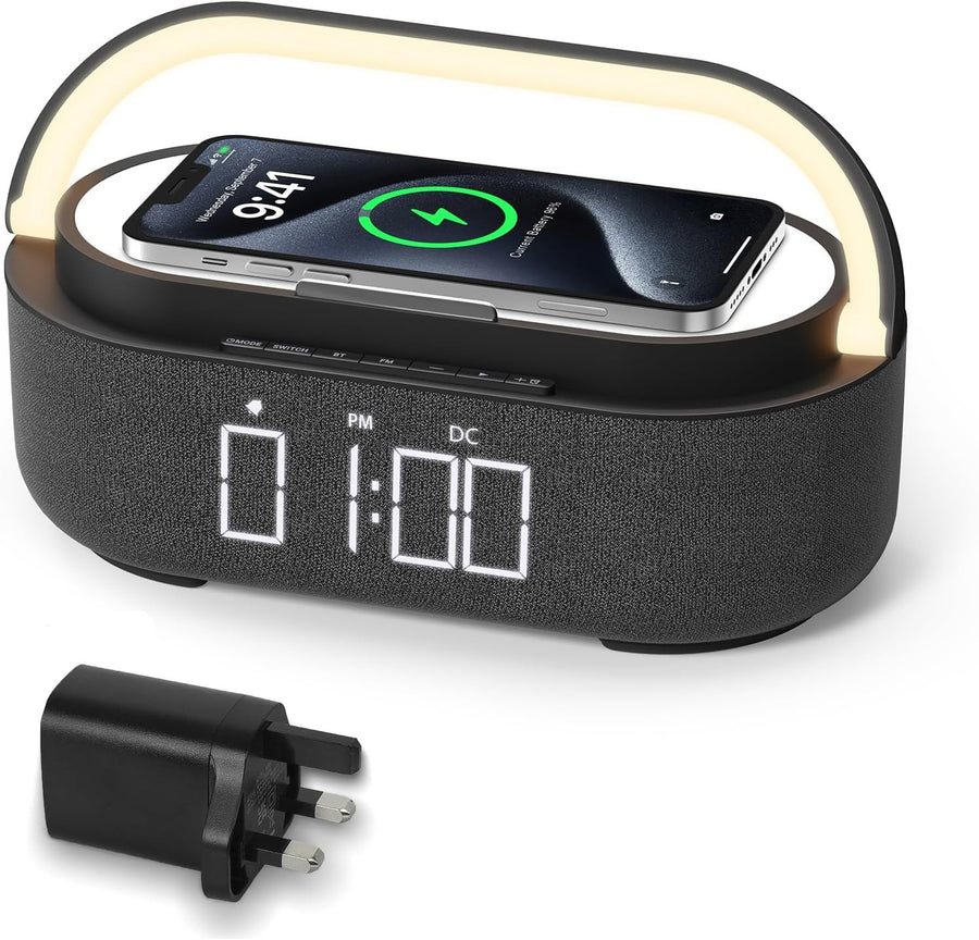 Bluetooth Alarm Clock Wireless Charger Speaker FM Radio Snooze