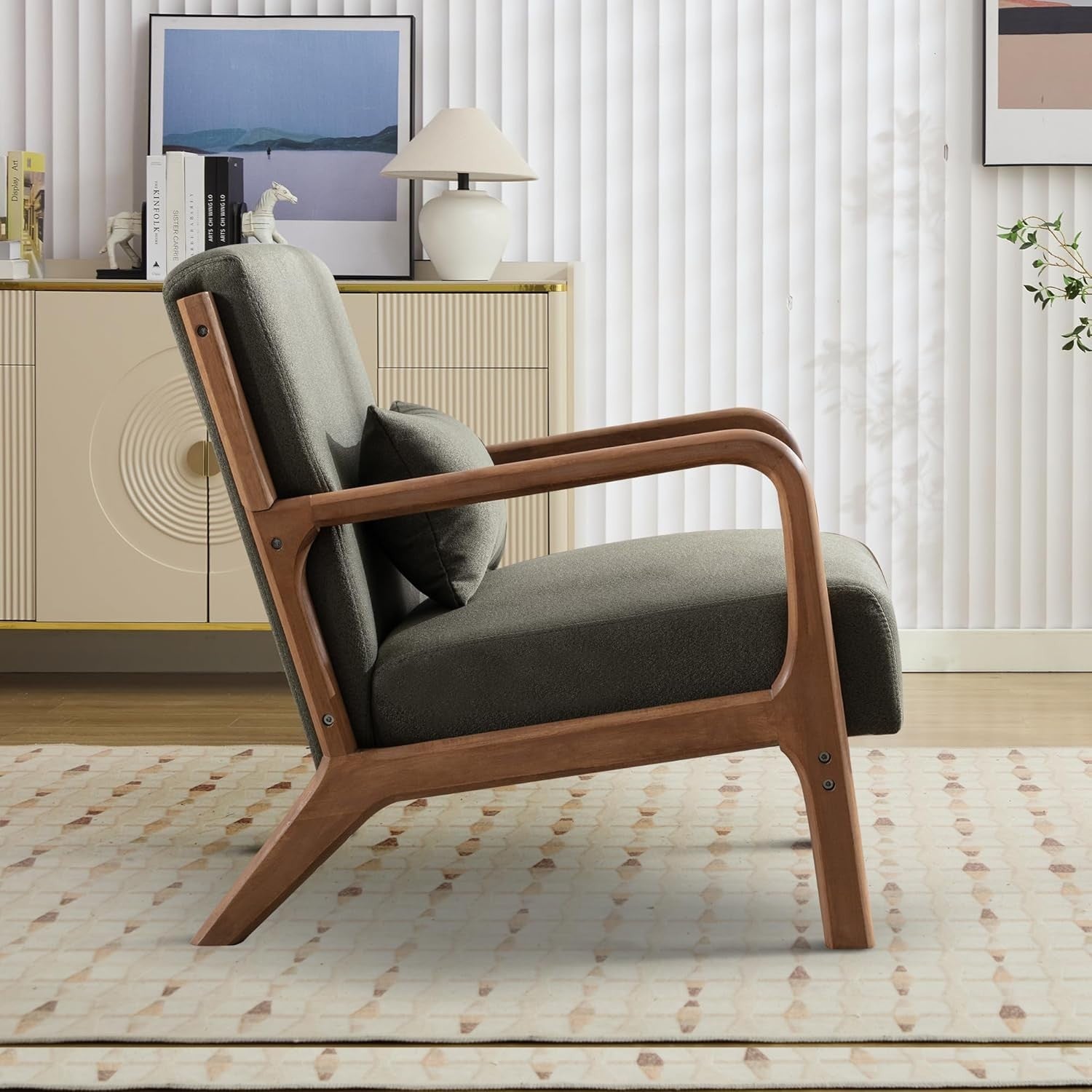 Modern Green Armchair – High Back Lounge Chair with Wood Frame & Cushion