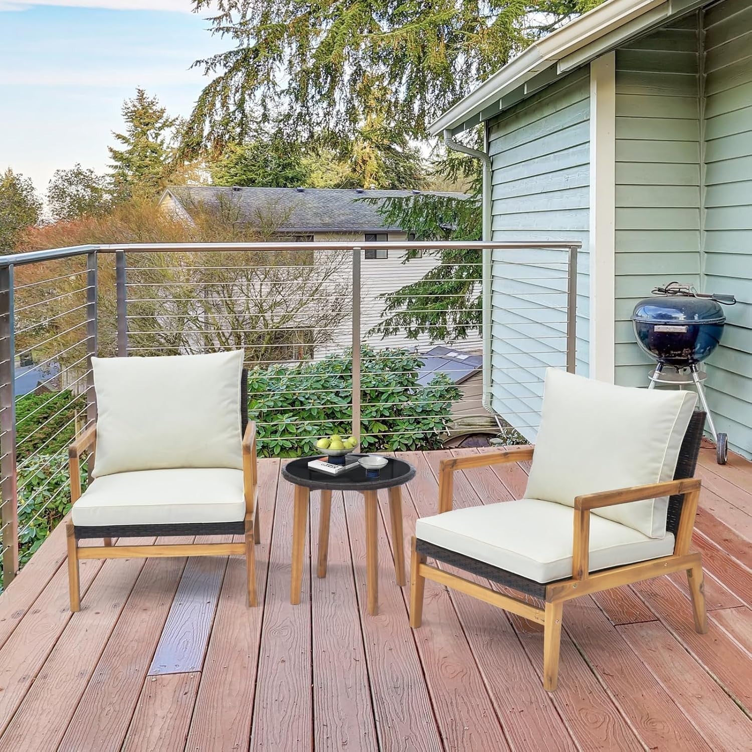 Luxury Acacia Garden Armchair Set with Cushions & Glass Table Patio Balcony