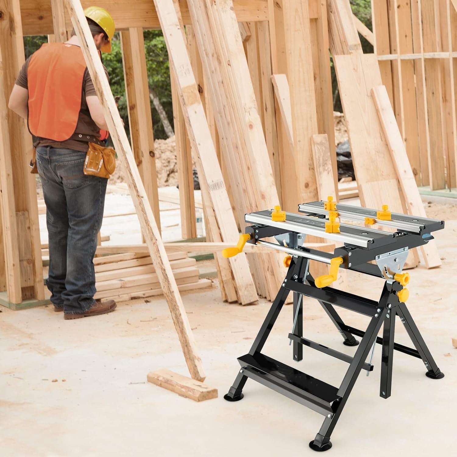 Folding Workbench 75x60cm Yellow Adjustable Height Tilt Table Sawhorse 7 Levels