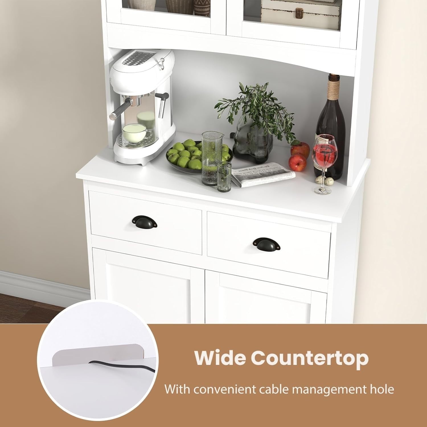 White 170cm Kitchen Cupboard 4-Door Pantry 2 Drawers Adjustable Shelf Cable Hole