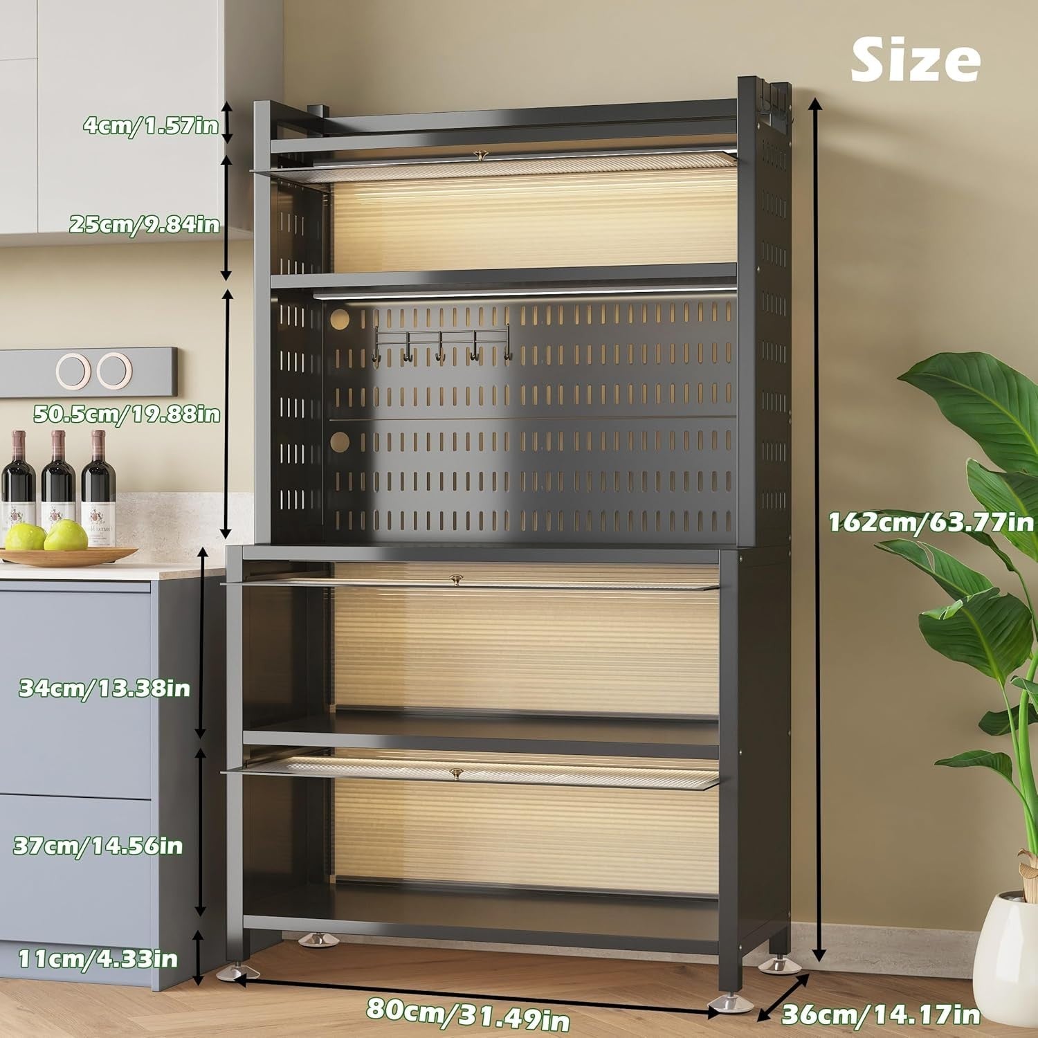 80x36x162cm Black 5-Tier Kitchen Baker's Rack with Flip Doors & Wheels