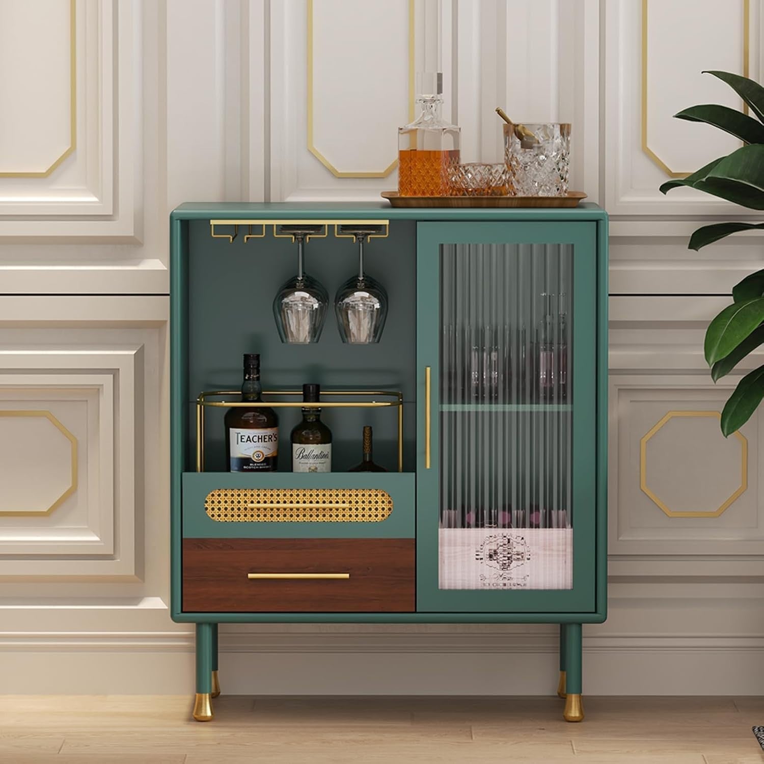 Green Drinks Cabinet with Wine Glass Racks & 2 Drawers – Modern Home Bar Storage