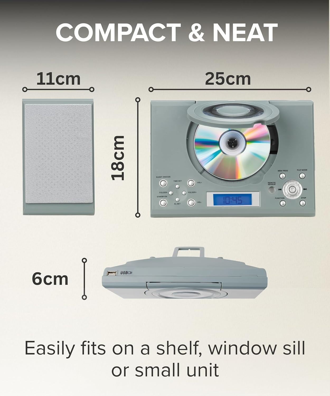 Wall Mount CD Player Stereo System USB MP3 FM Radio Alarm Remote Control Grey