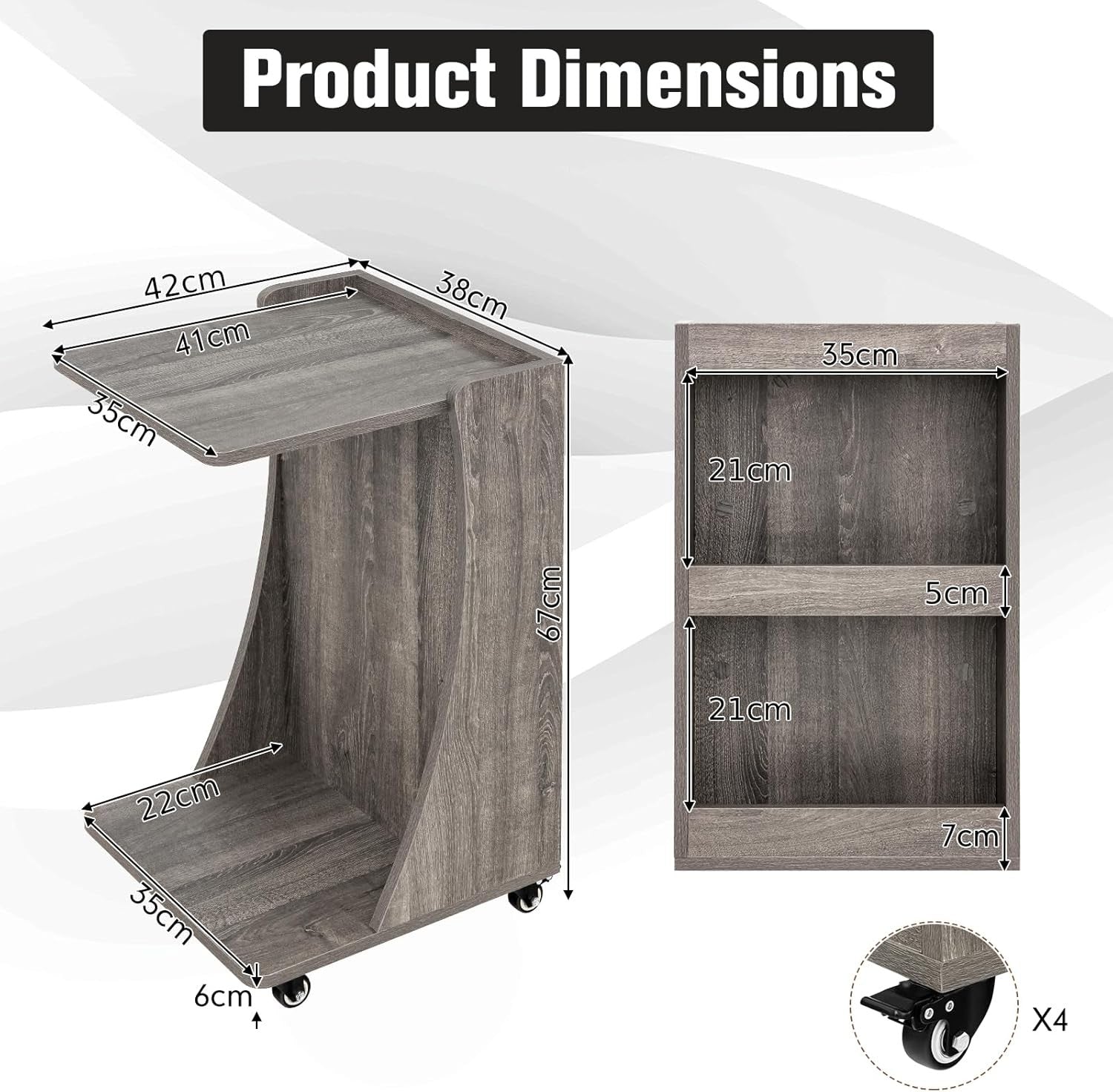 Modern C-Shaped Mobile Side Table with Wheels, Storage Shelves & Compact Design