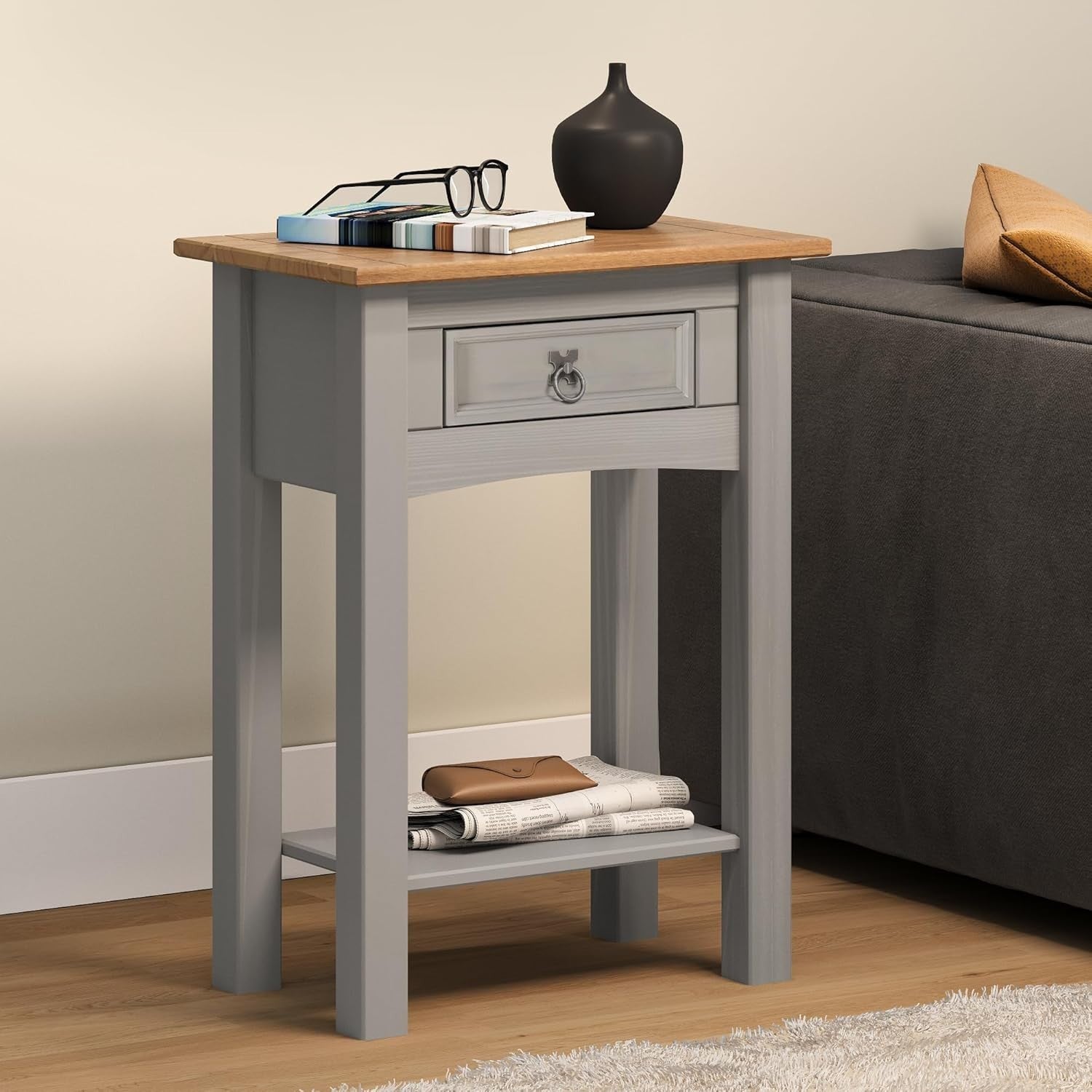 Grey 1 Drawer Console Table with Antique Wax Top, Durable Wood, 35kg Load