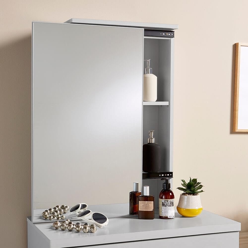 Grey Dressing Table Set with Mirror & Stool, 1 Drawer, Hidden Storage, Makeup Va