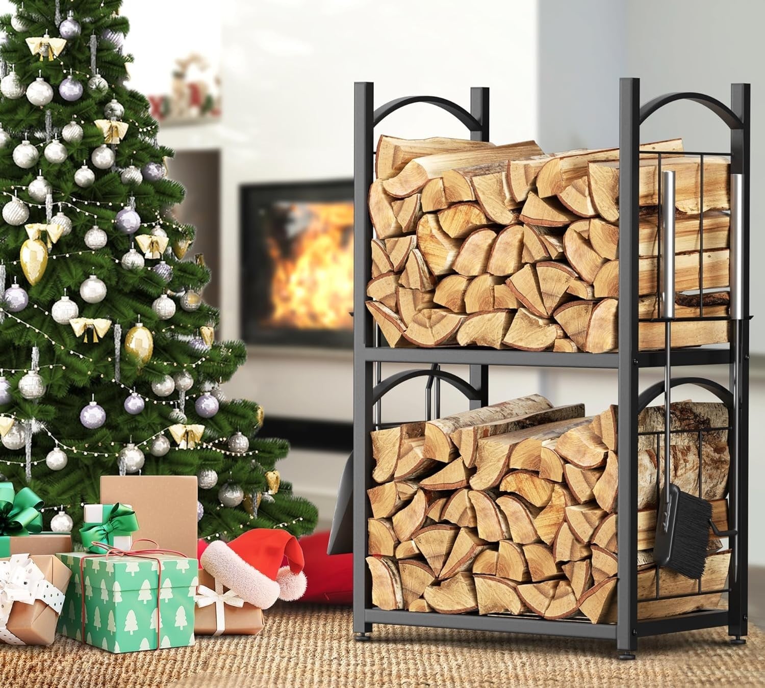 2 Tier Firewood Log Rack Indoor Outdoor Rustproof Metal Storage Shelf 78x46x32cm