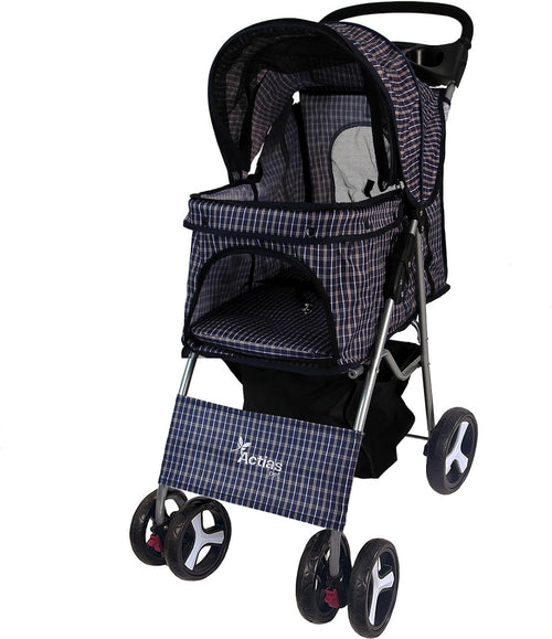 Pet Travel Stroller Dog Cat Pushchair Foldable Swivel Wheels 15kg Blue Tartan
