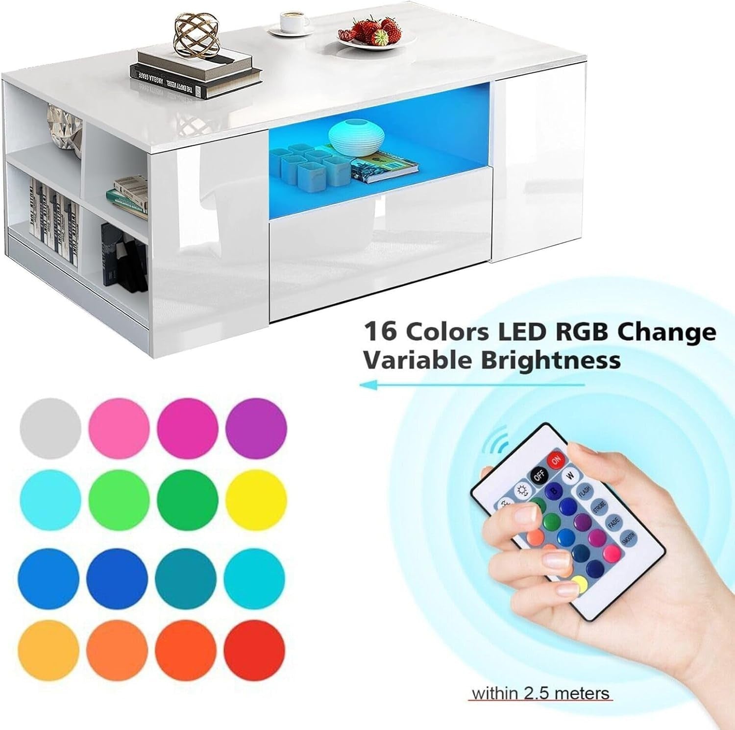 White High Gloss Coffee Table with LED RGB Lights & Storage 95x55x37cm