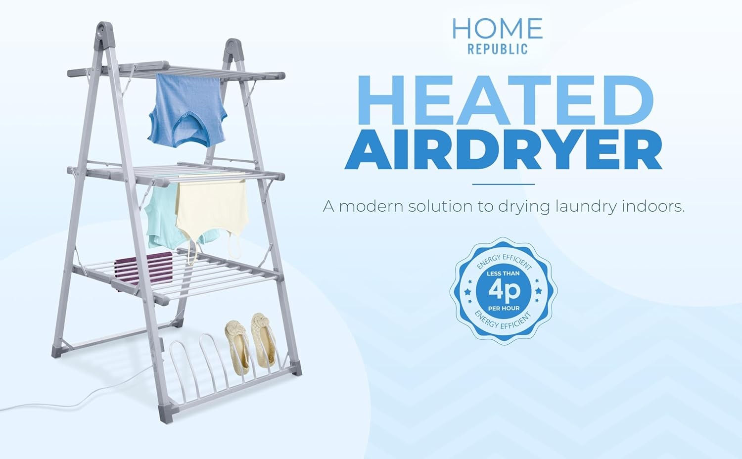 Electric Heated Clothes Airer 3 Tier Folding Drying Rack Energy Saving