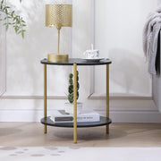 Round Black Marble Side Table with 2-Tier Shelf – Modern Metal Frame End Table