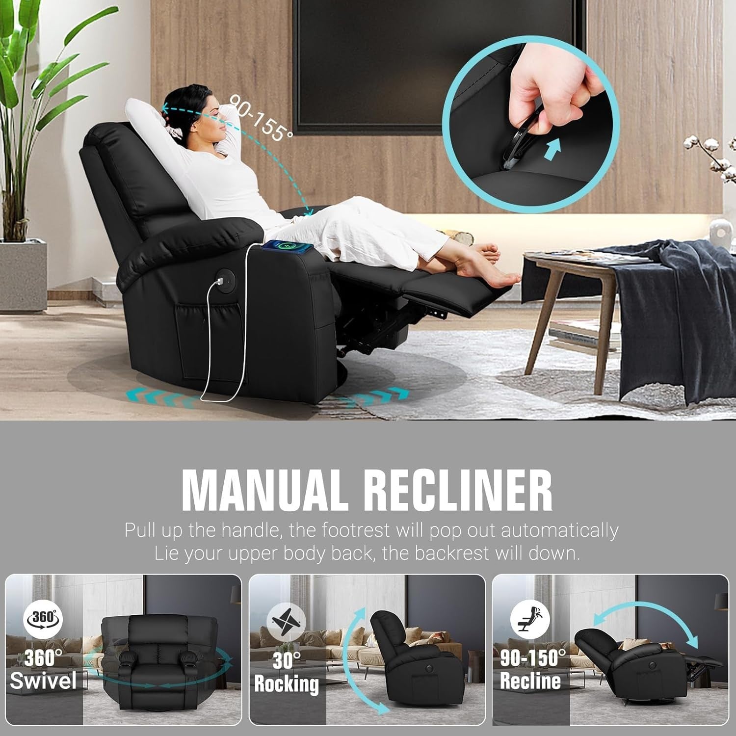 Massage Rocker Recliner Chair with Heat 360° Swivel USB Ports Vibration Black