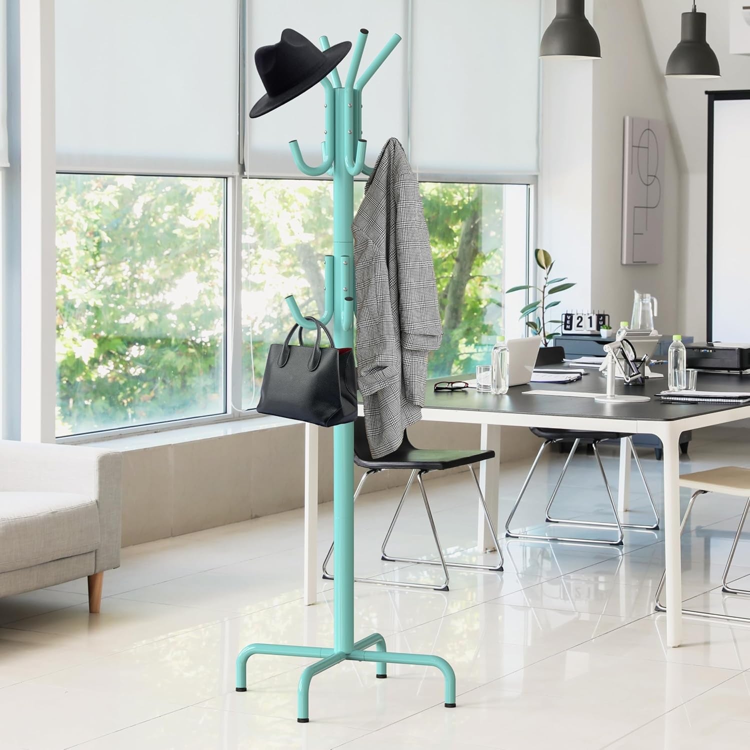 Standing Coat Rack with 12 Hooks | Turquoise Metal Hat & Scarf Organizer