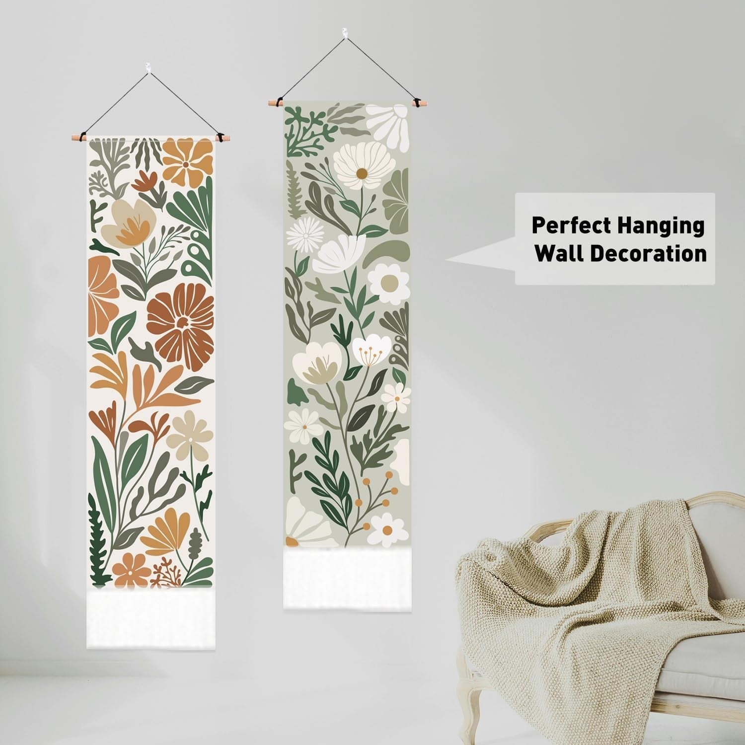 2-Pack Boho Floral Botanical Tapestry 52"x13" Vertical Wall Decor