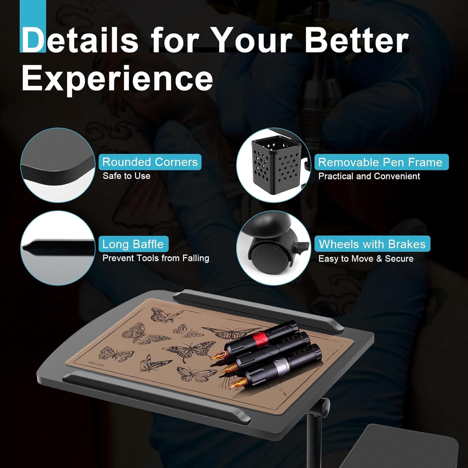 Tattoo Workstation Adjustable 360° Rotating Table Mobile Studio Wheels