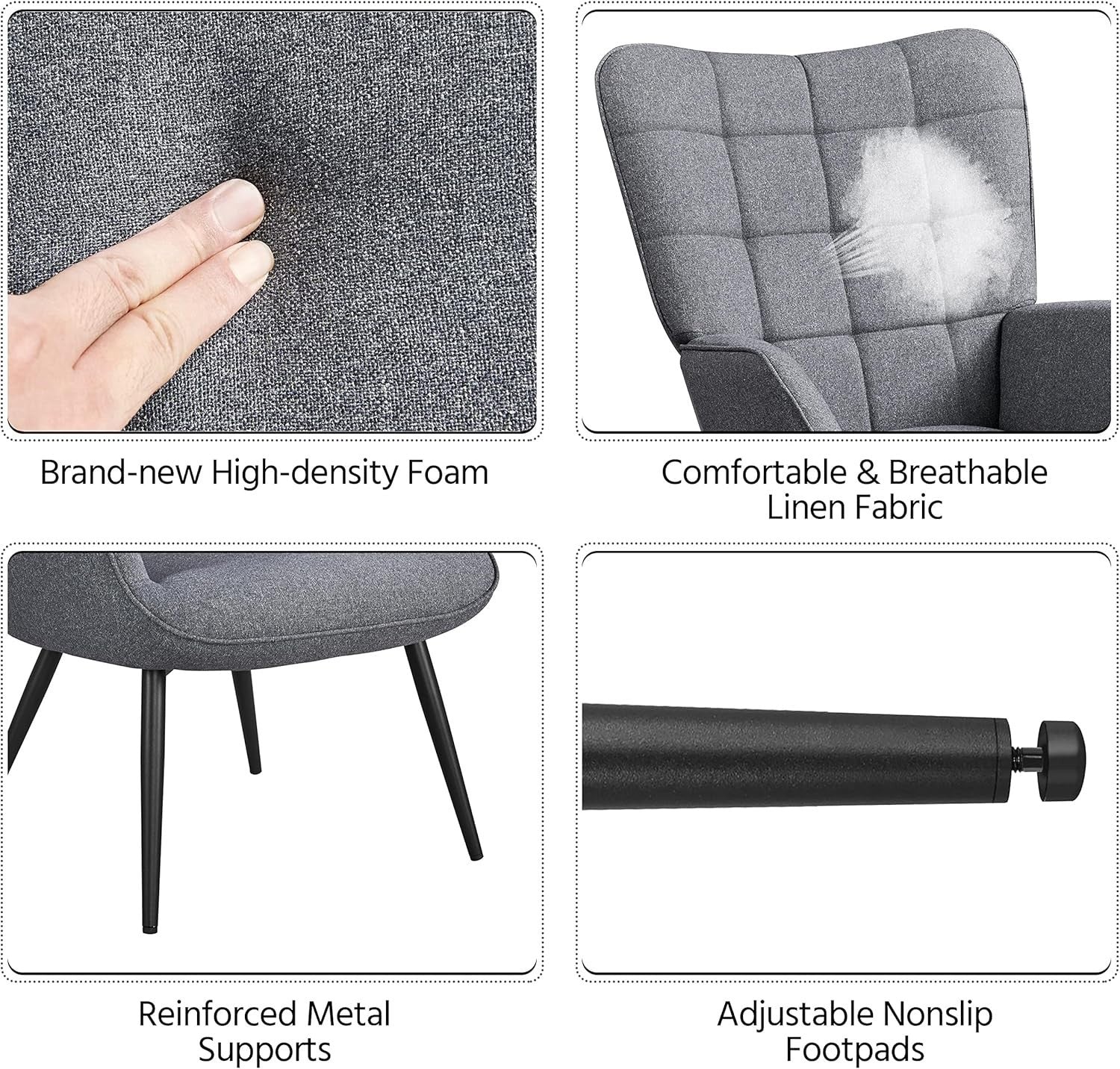Modern Oversized Gray Linen Accent Chair with Ottoman - High Back Living Room