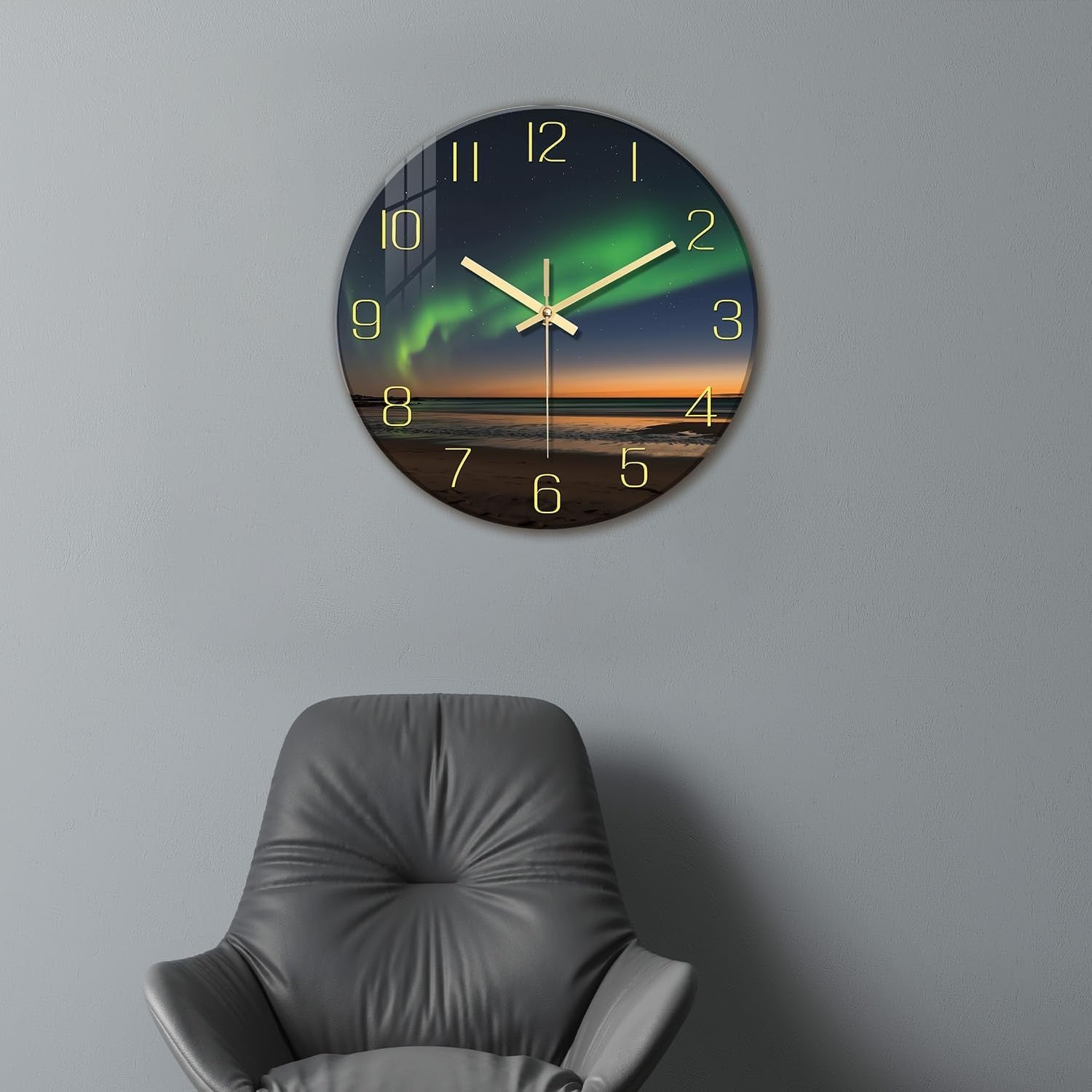 Aurora Wall Clock 12" Glass Silent Non-Ticking Modern Green Gold Home Decor