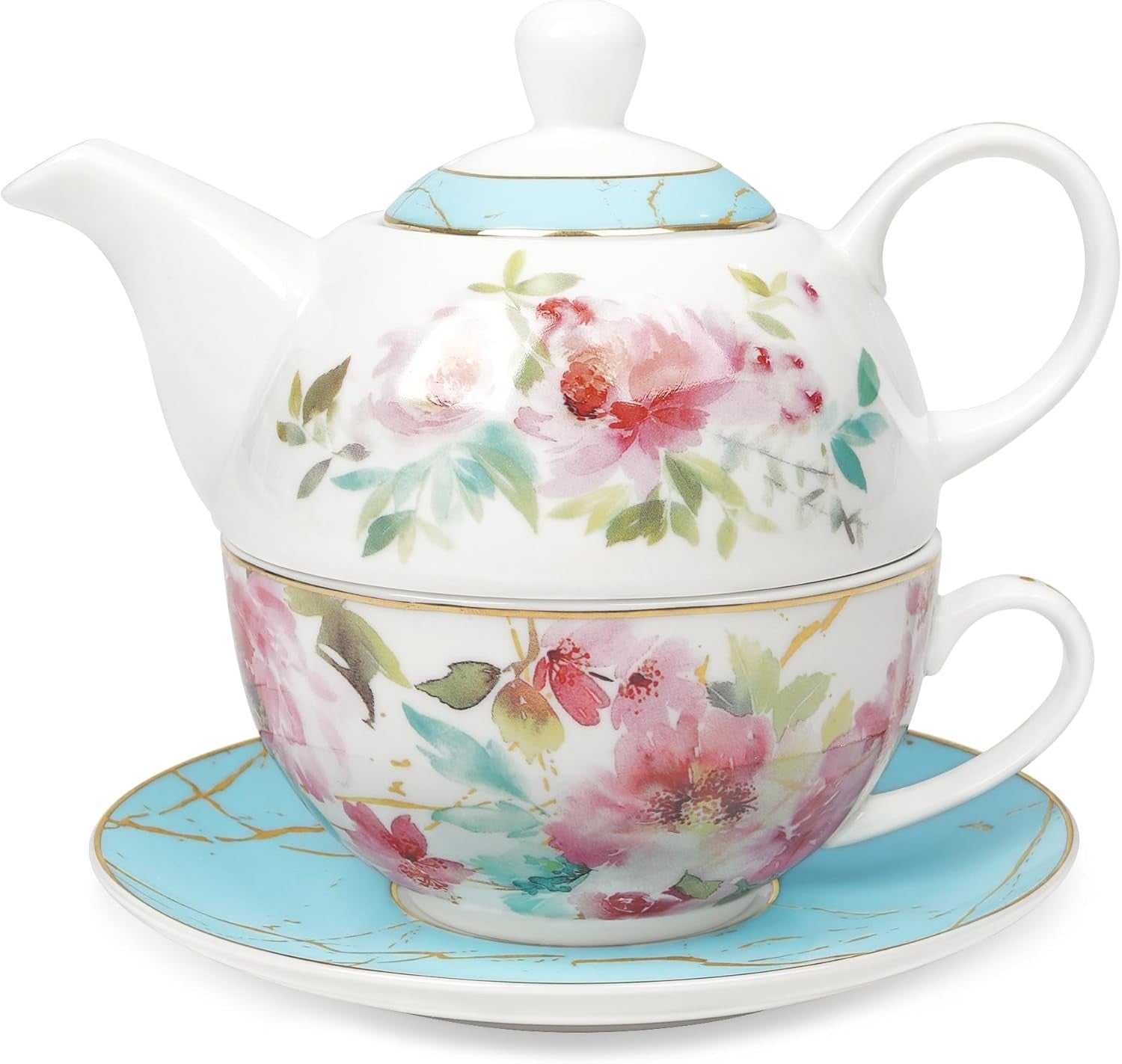 Floral Tea for One Set Porcelain Teapot Cup Saucer Gold Trim Gift