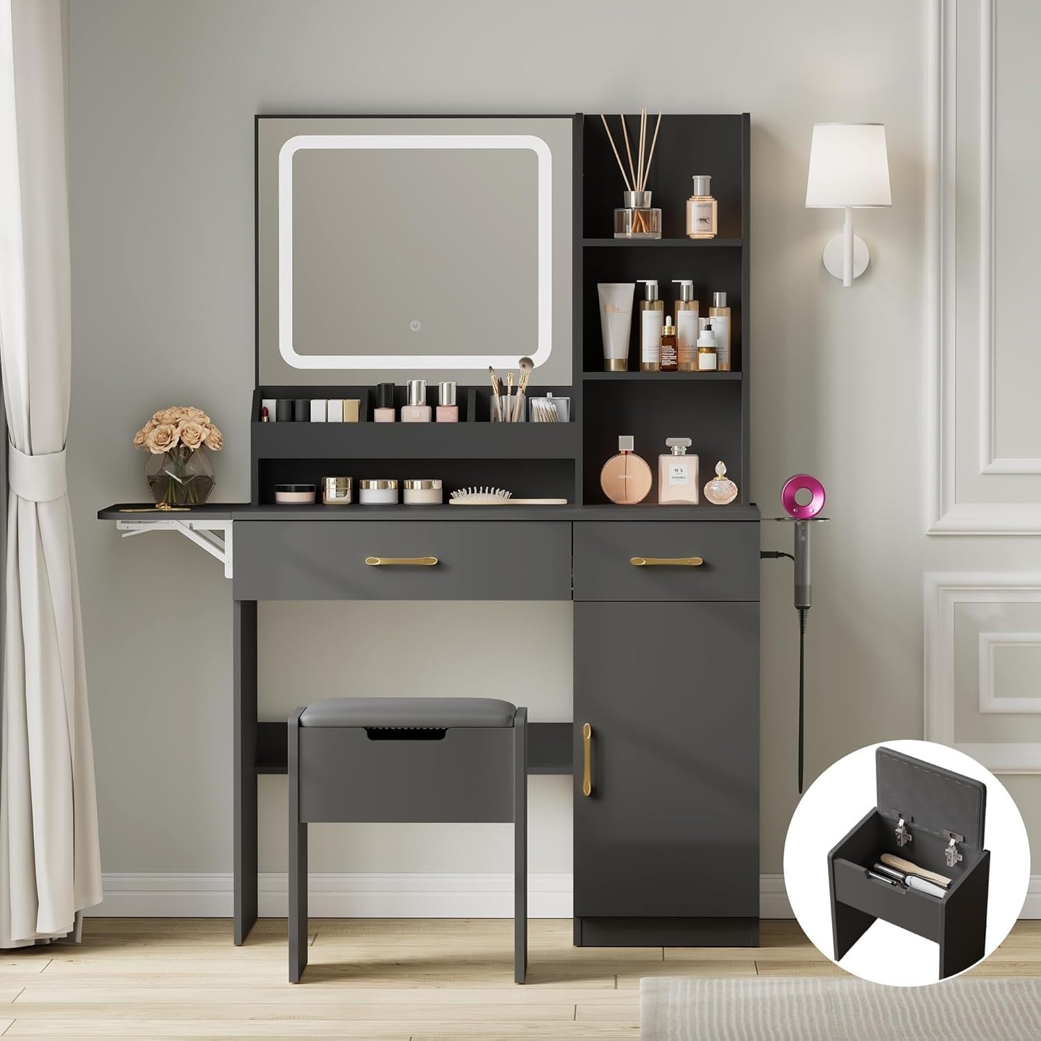 Wood Vanity Table Set w/ 3 Drawers, Lighted Mirror, USB Ports, Hairdryer Holder