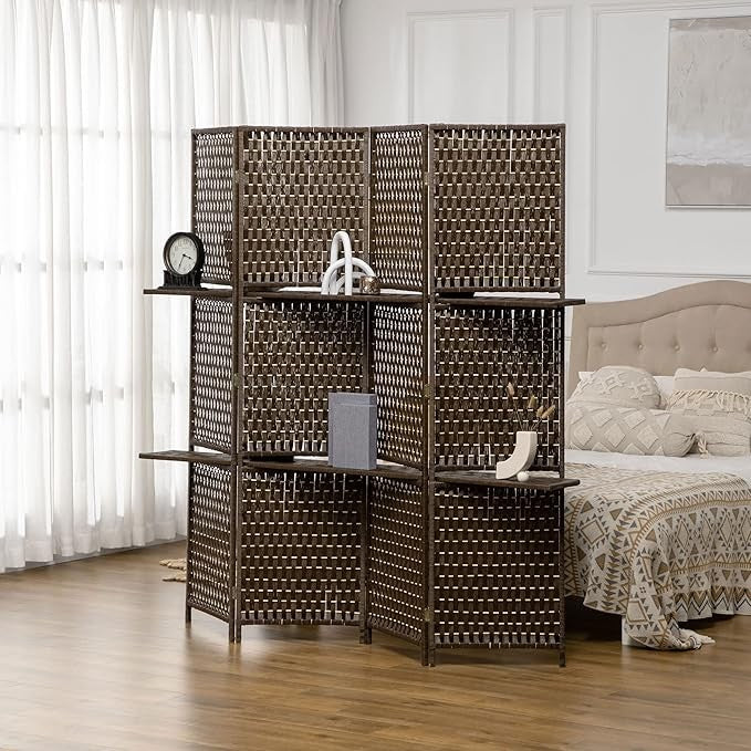 4 Panel Room Divider with Shelves 180cm Brown Folding Privacy Screen Partition