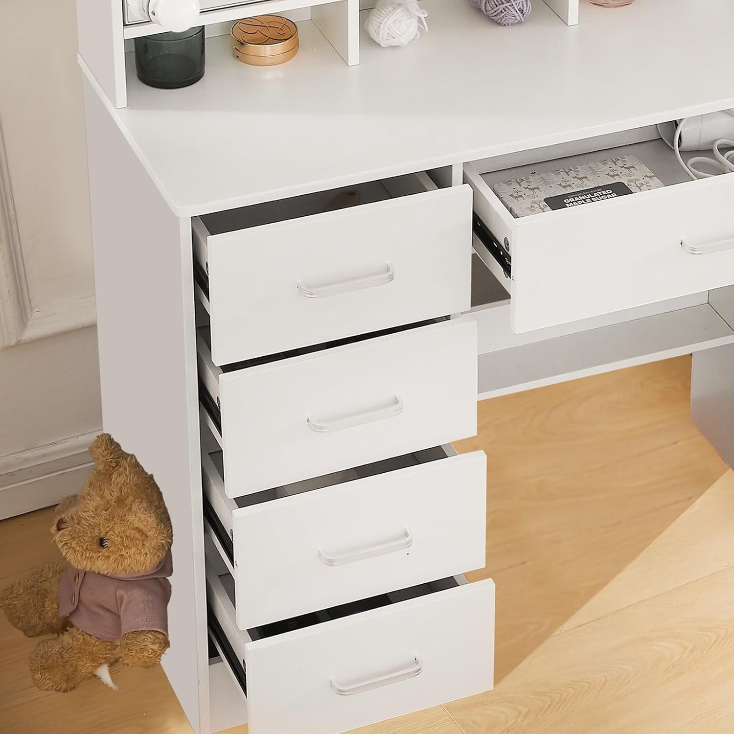 Makeup Vanity Desk w/ LED Mirror & Stool Modern Large Storage White Dresser