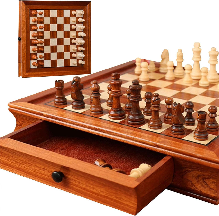 Premium Solid Wood Magnetic Chess Set with Storage Drawers & Deluxe Board