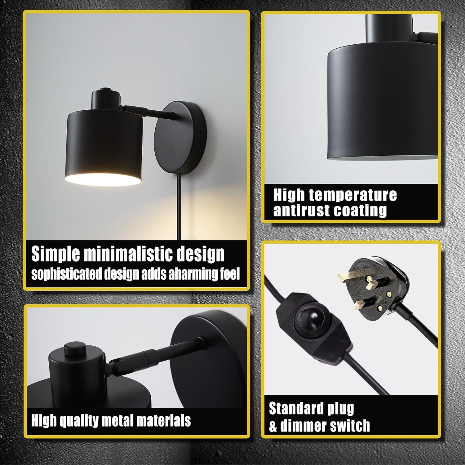 Dimmable 360° Rotatable Wall Lamp, Plug-In LED Sconce Light for Bedroom