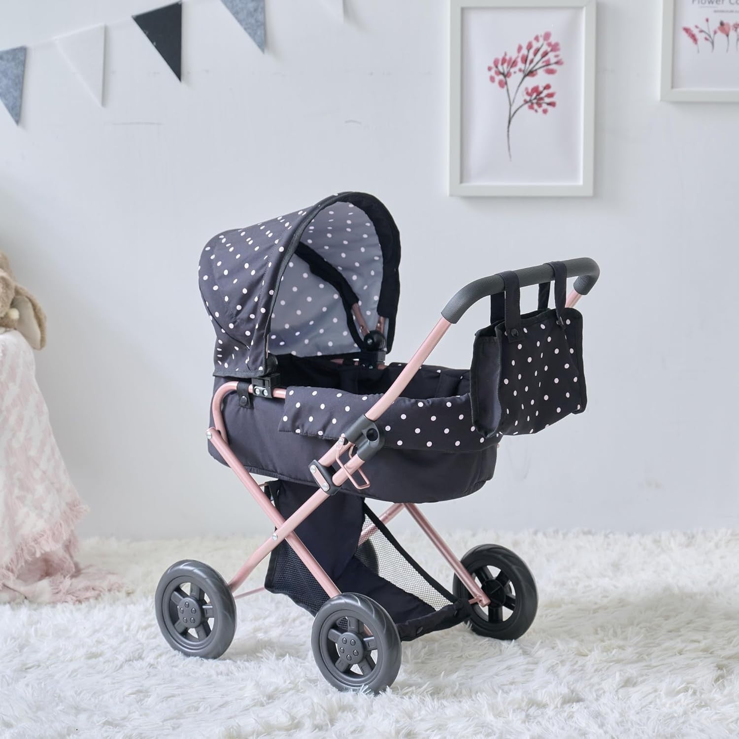 2-in-1 Doll Stroller Removable Bassinet Foldable Canopy Basket Bag
