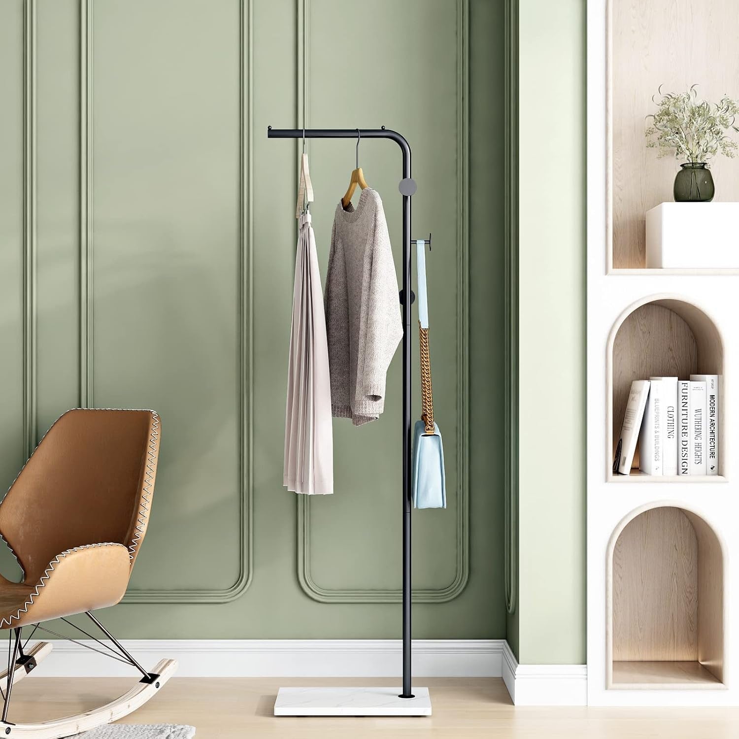 Modern Freestanding Coat Rack Black Metal with White Base – 3 Hooks Entryway