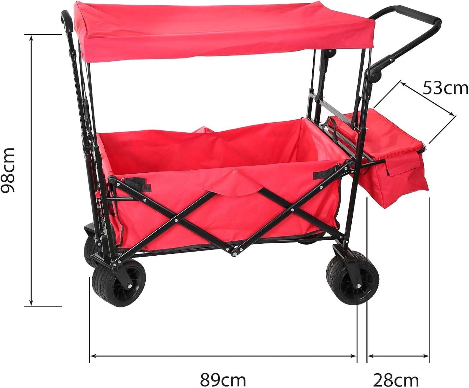 Folding Push Pull Wagon w/ Canopy Heavy Duty 100KG Cart Adjustable Handle Red