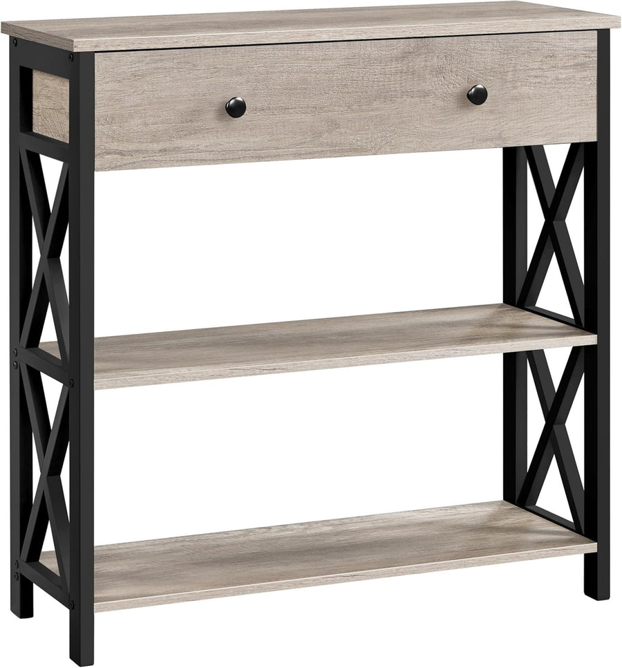 Industrial Console Table with Drawer & 2 Shelves, Durable Metal Frame, Grey