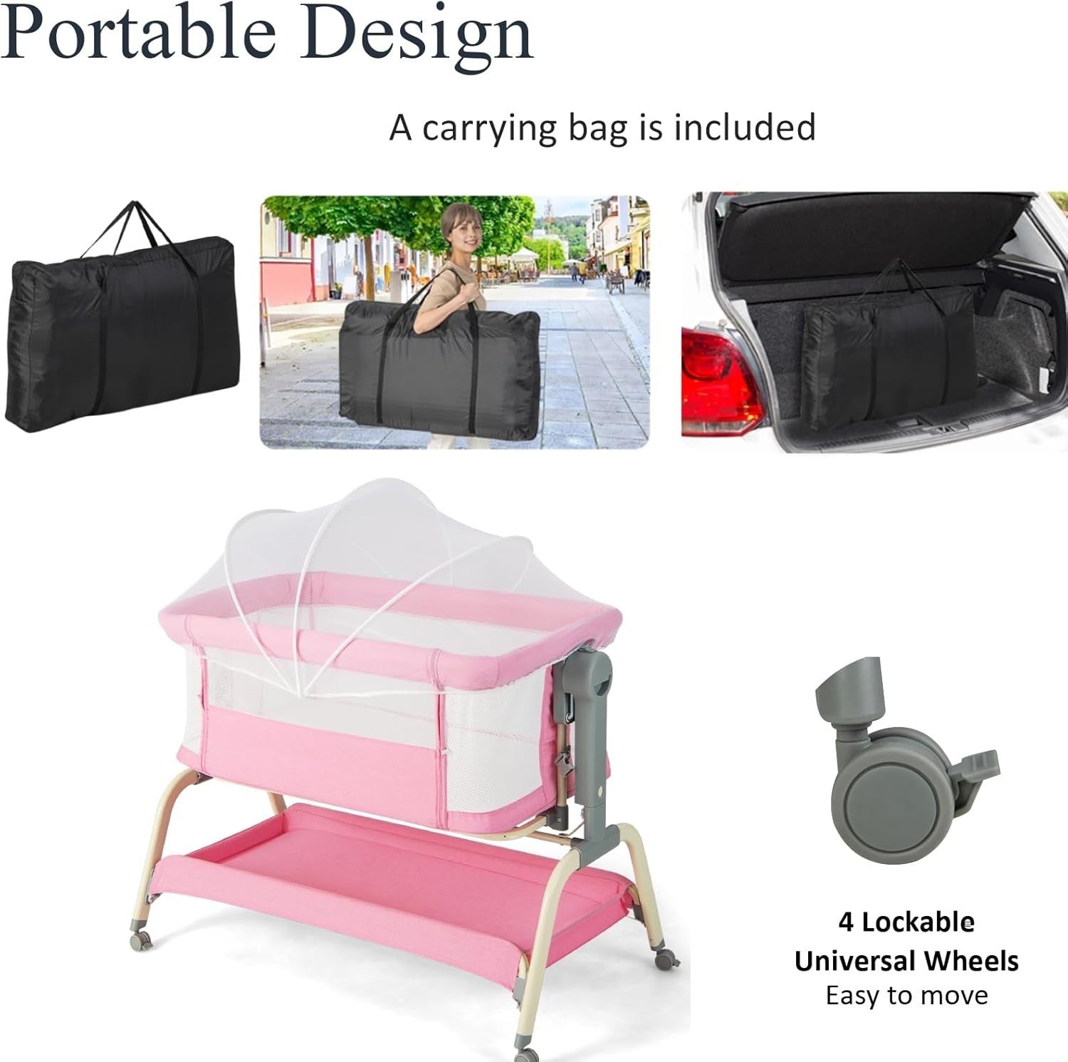 4-in-1 Baby Bedside Crib with Adjustable Height, Mosquito Net & Storage Pink