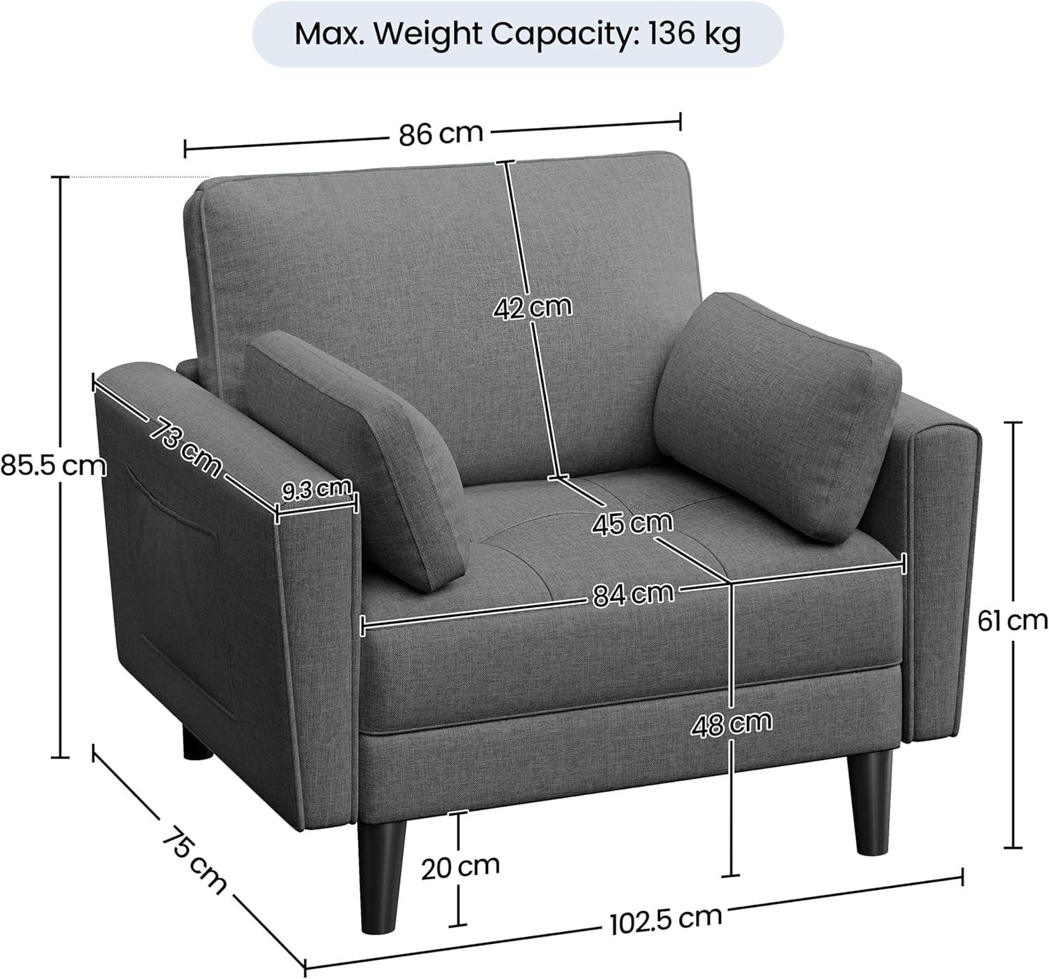 Dark Grey Fabric Tub Chair Oversized Accent Armchair with Pillows & Storage