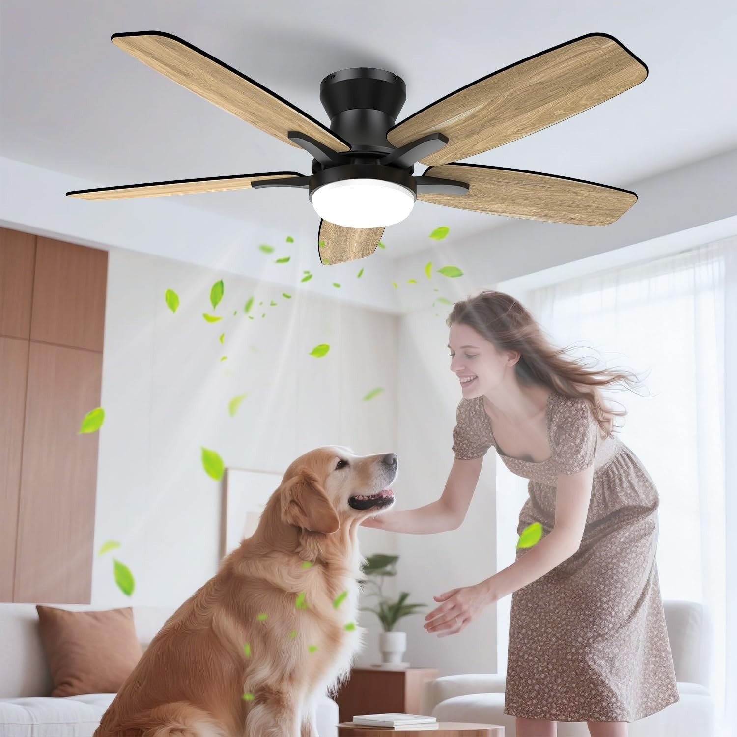 106CM Ceiling Fan Light, 6 Speeds, Reversible DC Motor, LED, Remote, Black/Wood
