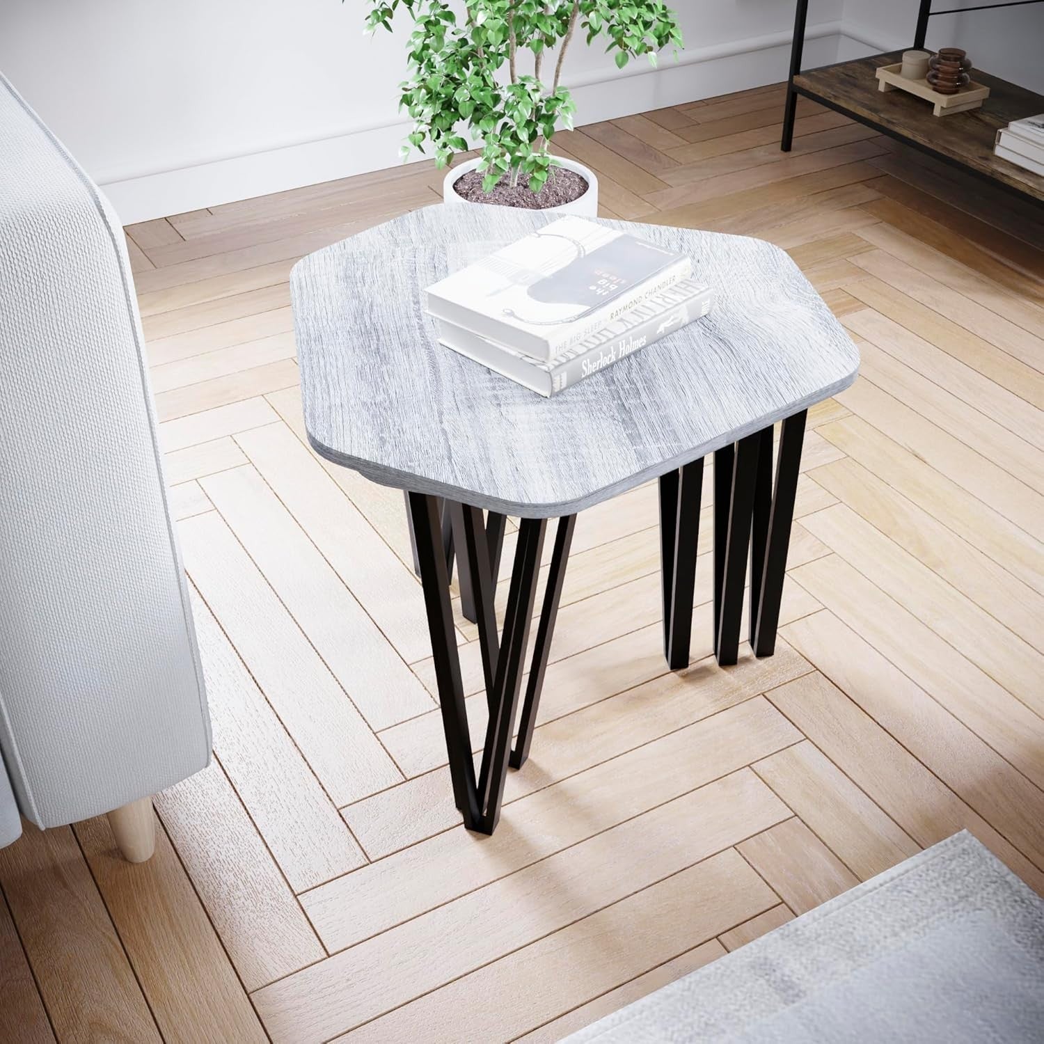 3 Nesting Coffee Tables Set of 3 Industrial Hexagonal End Side Metal Wood Grey