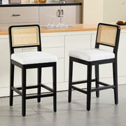 Rattan Bar Stools Set of 2 Linen Cushioned Counter Chairs Wooden Frame