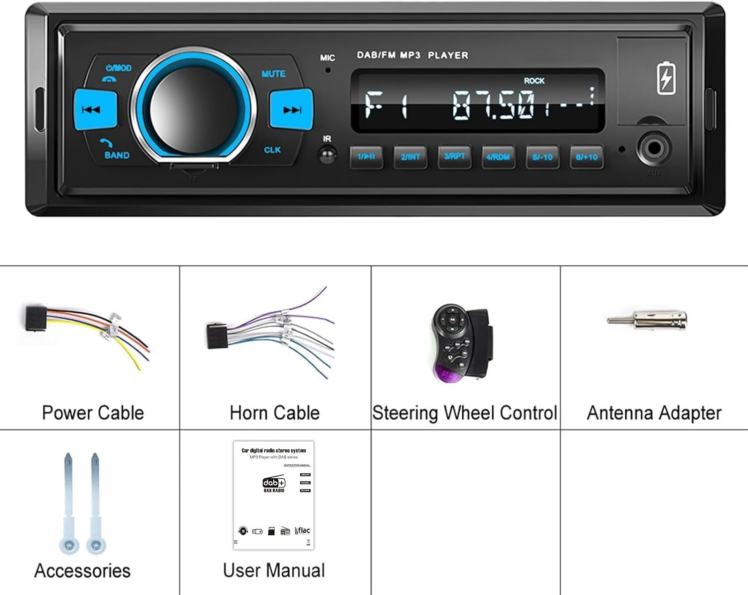 DAB/DAB+ Car Stereo 1 Din Bluetooth FM Radio USB AUX TF 25W