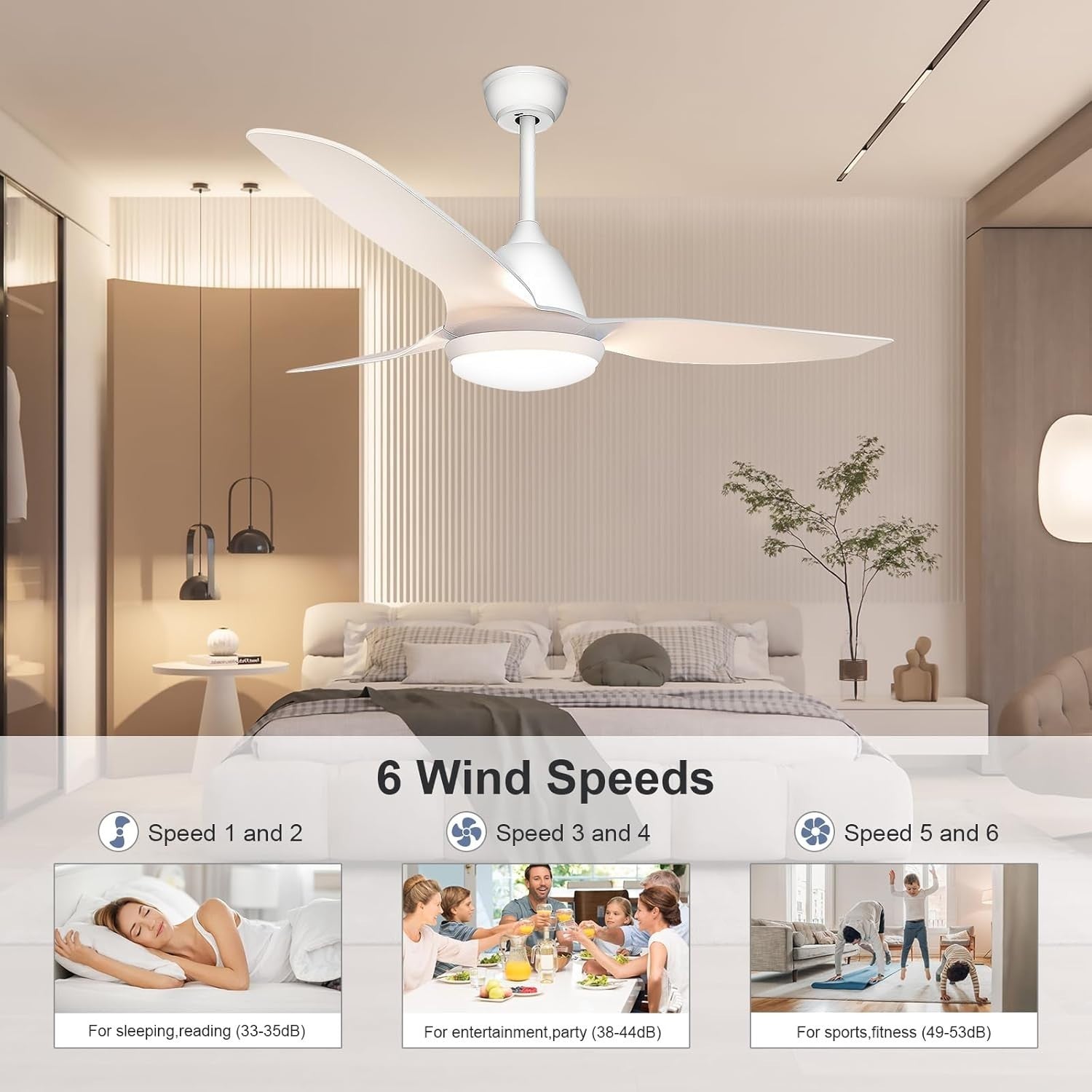 Ceiling Fan with Light White – Remote Dimmable LED Reversible Timer Quiet Mode
